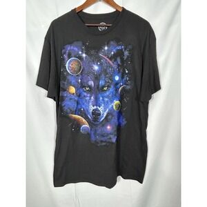 DOM Mens Y2K Graphic Print T Shirt Size XL Blue WOLF Space Celestial Planets